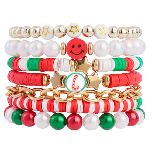 Colorful Heishi Surfer Bracelets Set for Women Stackable Clay Beaded Bracelets Disc Stretch Preppy Bracelets Smiley Face Friendship Bracelets Team Cheer Bulk Boho Summer Beach Jewelry Gift - color: Christmas Beads