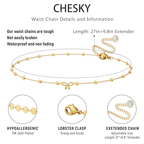 CHESKY Waist Beads for Women, Dainty 14k Gold Plated Waist Chain Beach Accessories Cute Belly Chain Body Chain Gold Chain Belts for Women Summer Beach Jewelry for Womens Gifts Rave Outfits for Womens - style: Bow