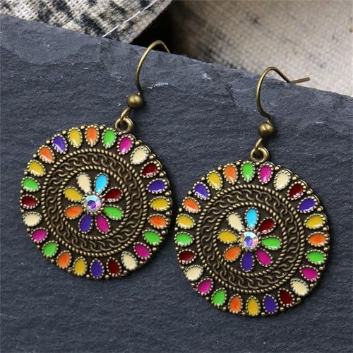 MALOYANVE Vintage Boho Circular Flower Dangle Earring, Handmade Bronze Tribal Round Enamel Floral Drop, Bohemian Ethnic Statement Jewelry Gift for Women - color: Ancient Muticolor