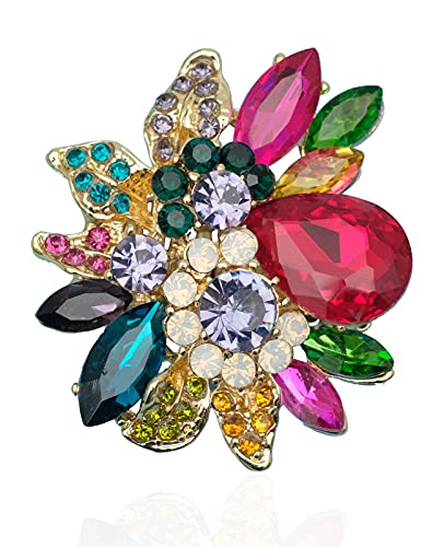 CSY Luxury Women's Austrian Crystal Leaves Flower Big Cocktail Statement Rings Stretch Adjustable Ring Jewelry Accessories - color: Multi-Color