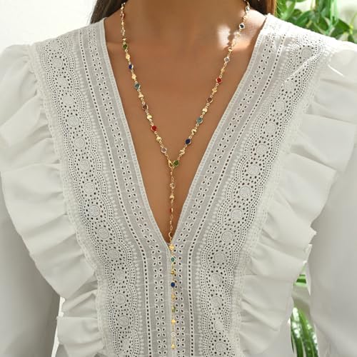 QiaTsed Colorful Crystal Long Necklace for Women Trendy Y-Shaped Pendant Necklace Boho Gemstone Necklace Ideal Dainty Jewelry Gift for Women