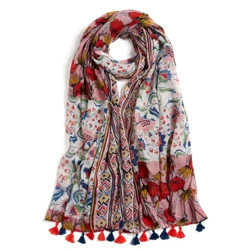 QIUTIMIY Scarf for Women Lightweight Soft Floral Leopard Printed Scarves Fall Winter Fashion Shawl Wrap with Fringe - color: Flower-black Red