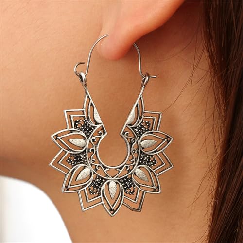 Boho Antique Carved Flower Dangle Drop Earrings for Women Vintage Retro Handmade Hollowed Antiqued Bronze Floral Shaped Geometric Gold Silver Plated Hoop Earrings for Ethnic Style Jewelry Gifts - color: Silver flower earring