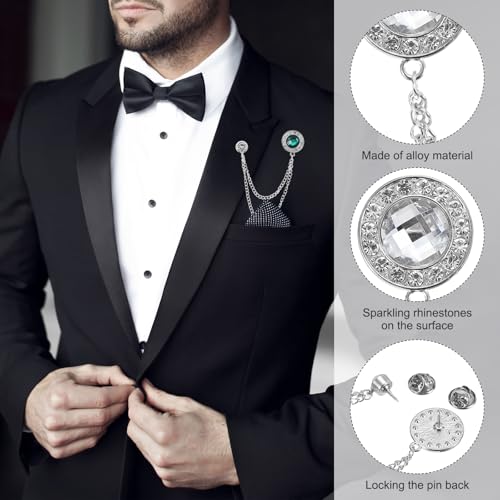 PATIKIL Gem Chain Brooch Pins, Hanging Chain Brooch Suit Pin Tassel Chain Round Crystal Badge Lapel Collar Pins for Men Shirts - color: Silver Tone(White)