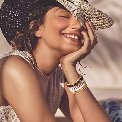 XIANNVXI 7pc Heishi Clay Bead Bracelets for Women Gold Plated Beaded Bohemian Stackable 6.8In Stretch Bracelets Elastic Layering Friendship Jewelry Boho Gift Set - color: Light Brown