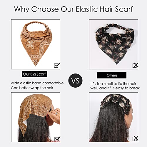 Vercret 6 Pack Hair Scarf Headband for Women Elastic Bandana Head Scarf Large Boho Triangle Kerchief with Clips Non Slip Scarves - color: P Paisley