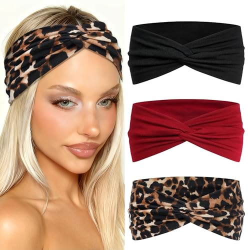 3 Pack Headbands for Women Short Twist Turban Headbands Boho Elastic Non Slip Hair Bands Leopard Hair Wraps Accessories - color: Multicolor-2