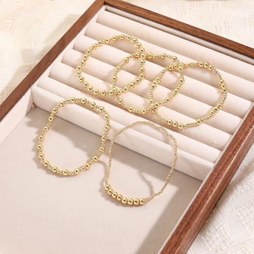Gold Bracelets for Women 14K Gold Plated Beaded Non Tarnish Bracelets Stretch Bead Ball Bracelet Stack Set Jewelry for Gifts - color: B SET 5PC