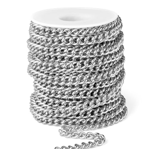 16.5 FT Stainless Steel Curb Chain Roll, 7mm 304 Stainless Steel Flat Twisted Links Curb Chains Bulk Spool for Jewelry Making Necklace DIY Craft - color: Stainless Steel, size: 7.0mm width