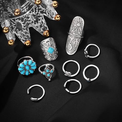Western Rings Set for Women Red Boho Turquoise Ring Vintage Stackable Knuckle Rings Bohemian Cowboy Cowgirl Jewelry Country Concert Outfits - color: turquoise A