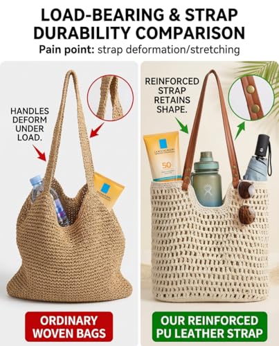Crochet Beach Bags for Women, Reinforced Strap Woven Tote Bag with Zipper, Lined Boho Summer Vacation Travel Purse - color: Beige