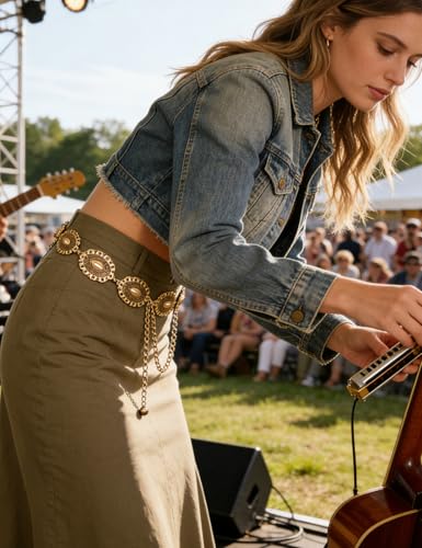 TOPACC Western Metal Concho Belt for Women Cowgirl Chain Belts for Dresses Jeans Country Concert Outfit - color: E Brass Gold, size: Fit Waist: 26-28 in