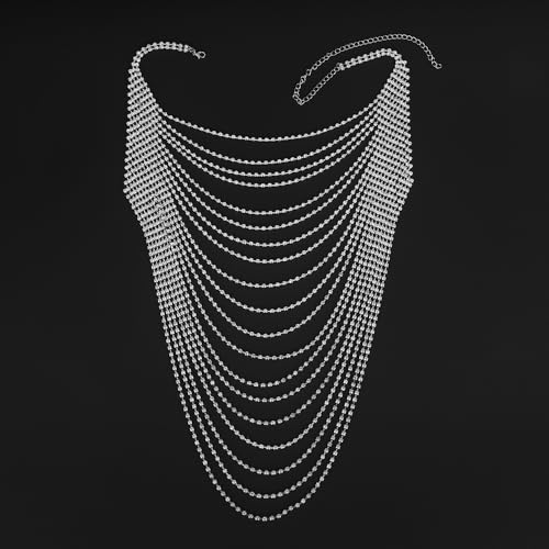 Wiwpar Full Rhinestone Body Chain Crystal Crossover Bra Body Chain Necklace Boho Multilay Costume Chest Chain Beach Sexy Bikini Nightclub Body Chain Party Rave Accessories for Women - color: Silver