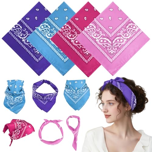 PLULON Bandanas for Men Women 4/12/24/30 Pack, Paisley Pattern Bandana Bulk Headbands Handkerchief Face Mask 100% Polyester - color: Light Purple, Lake Blue, Pink, Rose Red