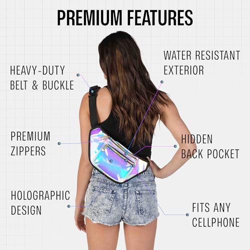 Holographic Fanny Pack Belt bag - Crossbody Waist Bag for Men or Women - Hands-Free, Waterproof Large Bumbag for Hiking, Running, and Travel (Luminous) - color: Holographic Blue