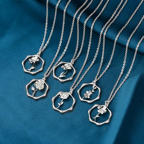 Gold Necklace for Women Birth Flower Necklaces 18K Gold Plated Custom Birth Month Floral Necklaces Birthday Gifts for Women - style: Silver-03-Daffodil