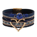 Womens Multi Layer Heart Leather Wrap Bracelet Boho Stackable Cuff Bangle Magnetic Clasp Crystal Birthday Valentine Gift - color: Navy Blue