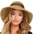 FURTALK Womens Beach Sun Straw Hat UV Protection Travel Packable Foldable Brim Summer UV Hat - color: Khaki-deep Coffee, size: Large-X-Large