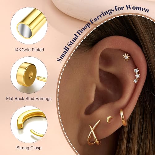FUNRUN JEWELRY Stud Earrings for Women Trendy-14K Gold Plated Earring Studs Set Hypoallergenic Flatback Stud Earrings Small Dainty Sterling Silver Earring Stacks for Sensitive Ears - style: 14K Gold Studs Earrings