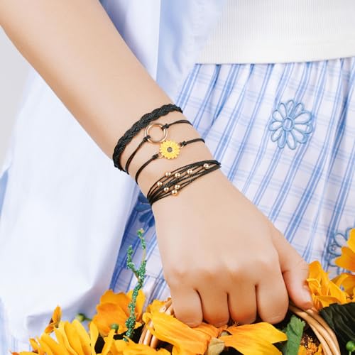 Sunflower Friendship Bracelets Boho Stackable String Bracelets Cute Trendy Gifts for Teen Girls Women - color: Black