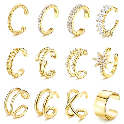 Dochais 9Pcs Ear Cuff 14K Gold Plated Cuff Earrings Gold Ear Cuffs Non Pierced Ear Clips Cartilage Earring Fake Earrings - style: B-12pcs-Gold