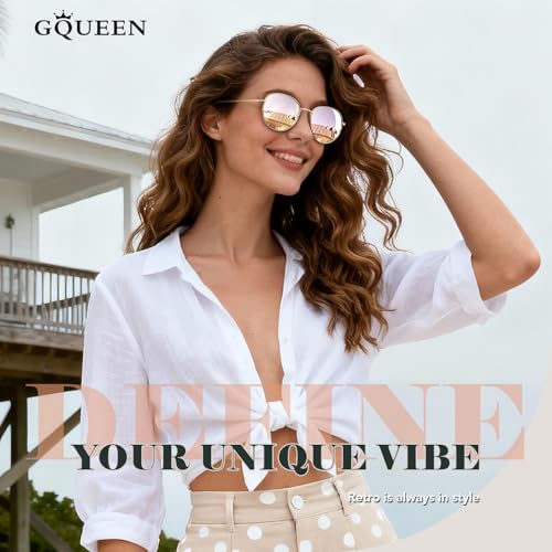 GQUEEN Retro Round Polarized Sunglasses Womens Men Spring Hinge Metal Frame Trendy Hippie Oval Sun Glasses Shades UV400 - color: 1 Gold Frame/ Mirrored Pink Lens
