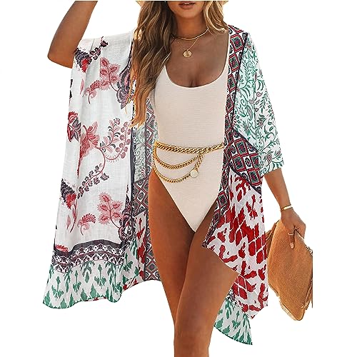 Kimonos for Women Casual Swimsuit Coverup Lightweight Boho Kimono Cardigans for Summer - color: Red Diamond