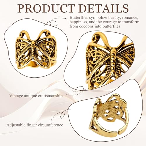 Butterfly Wrap Rings,Butterfly Ring for Women, Adjustable Open Carved Texture Butterfly Ring,Vintage Metal Insects Knuckle Finger Rings,Cute Animal Ring,Statement Jewelry Gifts for Women - color: Gold