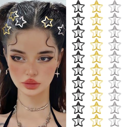 Star Hair Clips 2000s Y2K Snap Hair Barrettes Non Slip Star Hair Accessories Black Gold Silver Metal Hair Clips for Girls Women -30 PCS 1.18" - color: 30 P -1.18"-black,gold,silver