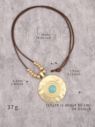 GelConnie Leather Necklaces Turquoise Long Boho Necklaces for Women Brown Chunky Circle Pendant Chocker Necklace Gold Sweater Necklace - style: Brown Leather Turquoise Necklace