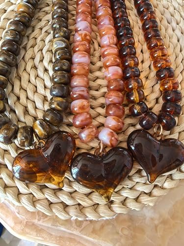Chunky Colorful Beaded Statement Boho Summer Beach Chokers Necklace Heart Pendant Pink Green Yellow Brown Fashion Jewelry - color: brown3