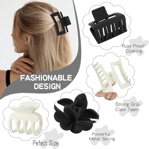 8 Pcs Matte Hair Clips for Women, Strong Hold Non-Slip Claw Clips for Girls, Flower Hair Clips for Thin Hair, Rectangle Claw Clips for Thick Hair,Neutral Colors Hair Accessories（White & Black） - color: Basic