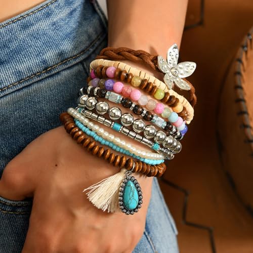 Long tiantian Western Turquoise Beaded Bracelet Set for Women Stackable Cowgirl Bracelets Boho Concho Jewelry Country Concert Rodeo Outfit Accessories Gifts - color: F1:western wooden dress