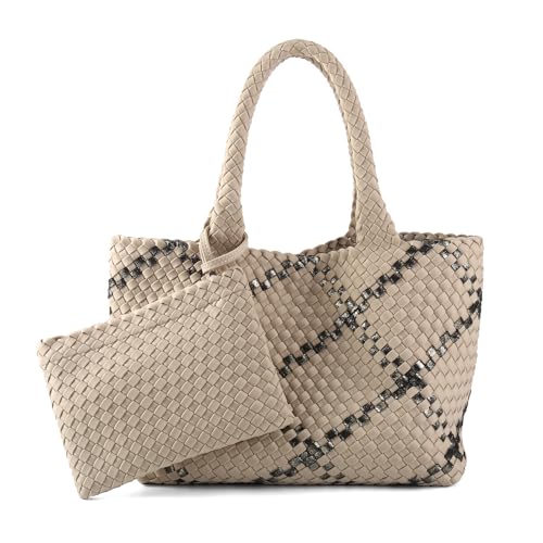 Woven Bag for Women, Large Neoprene Tote Bag Summer Beach Handbag Purse Retro Handmade Travel Shoulder Bag Set - color: Apricot-b