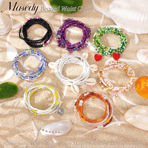 8PCS African Waist Bead Chains for Women Layered Belly Body Chain Handmade Plus Size Beaded Belly Chain Colorful Elastic Flower Butterfly Body Chains Summer Beach Bikini Body Jewelry 31-45in - style: Set B