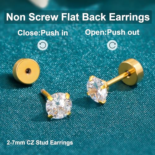 Flat Back Stud Earrings for Women - Hypoallergenic Surgical Steel Earrings with CZ Stones - 6 Pairs (18-20G) - color: 18K Gold-Plated, size: 20 G