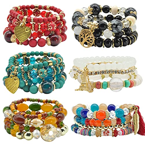 Bohemian Bracelet Sets for Women - 6 Sets Stackable Stretch Bracelets Multi-color Boho Jewelry for Women Hippie Bracelets Dainty Jewelry - color: Bohemian stackable bracelet