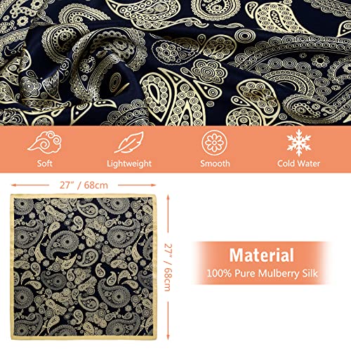 Stlvoll 100% Silk Head Scarf for Women - 27" Hair Scarves Satin Bandanas Square for Night Sleeping with Gift Packed - color: Yellow/Black/Cashew Nuts