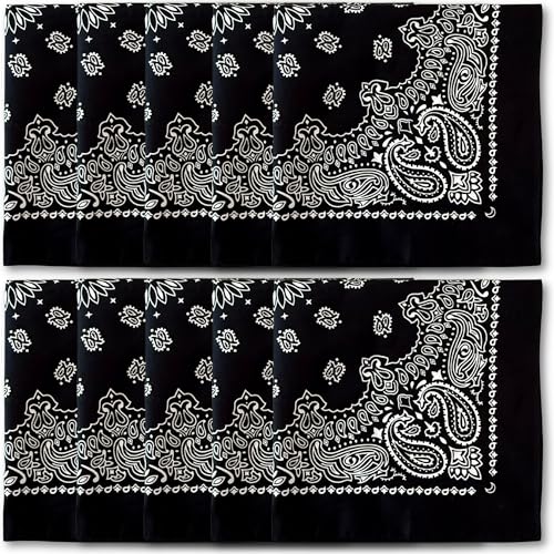 The Peacock Crew Premium Soft Cotton Bandanas Pack for Men and Women Paisley 22 x 22 inches - color: Pack of 10 Black White
