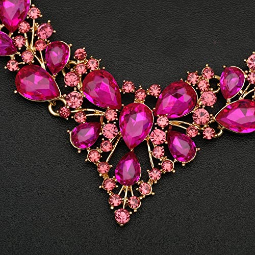 CSY 4 Pcs/Set Austrian Crystal Necklace Earrings Bracelet Ring Bridal Jewelry Sets for Brides Wedding Party Costume Accessories Gifts for Women - color: 02-gold plated-hot pink crystal