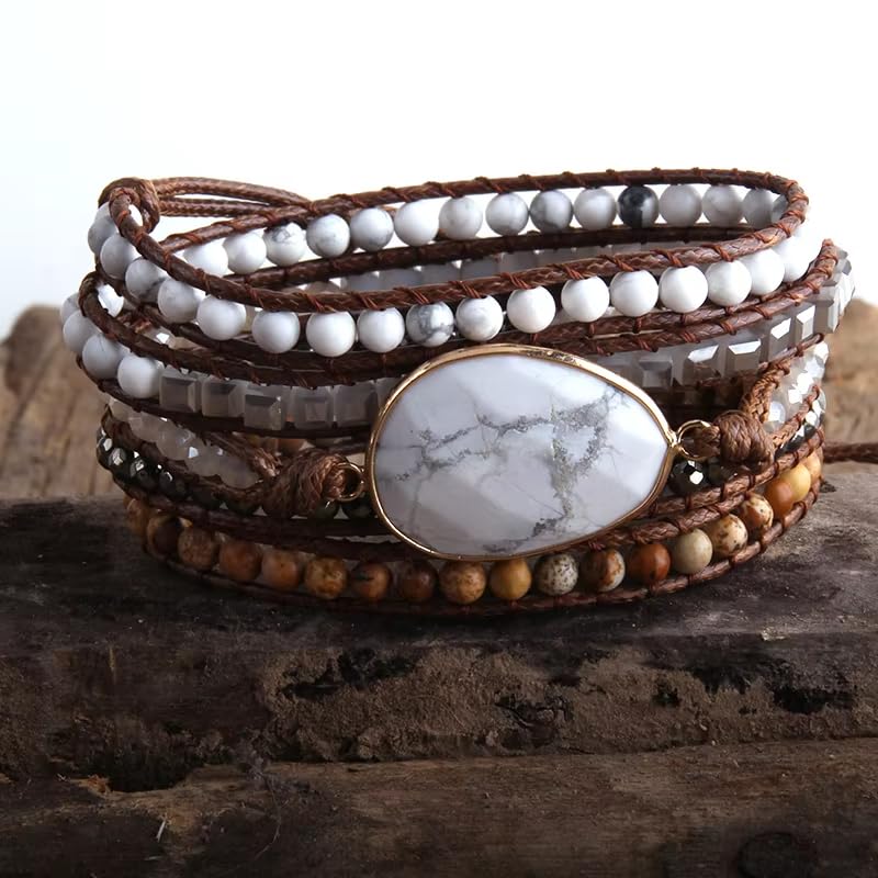 Women Wrap Bracelet Boho Natural Jasper Crystal Stone Beads Strand Bracelets - color: White Turquoise