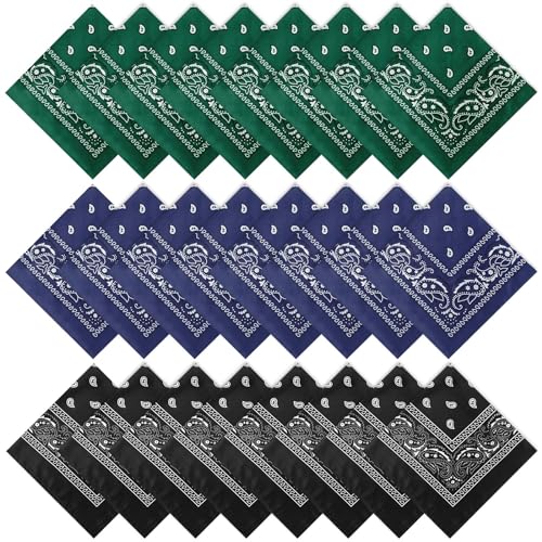 Suhine 24 Pcs Bandanas Bulk for Women Men 22 x 22 Inch Paisley Outdoor Headband Cowboy Handkerchief Summer - color: Black, Navy Blue, Green
