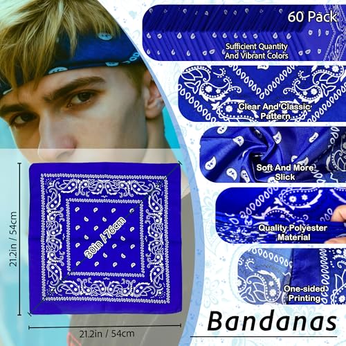 ILHSTY 60 Pcs Women Men Paisley Bandanas Bulk Unisex Bandanas Head Cowboy Scarf Necktie handkerchief Party Supplies - color: Royal Blue