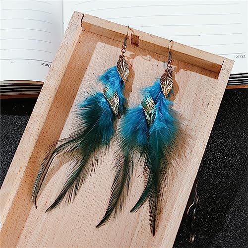 Bohemian Handmade Natural Long Feather Dangle Earrings for Women Multicolor Tassel Feathers Dangle Drop Earrings Vintage Bohemian Earrings Boho Feather Earrings - color: Blue