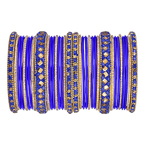 Aheli Ethnic Colorful Metal Bangles Chudha Set Stone Studded Bangle Set Indian Wedding Wear Fashion Jewelry Gift for Women Blue - color: Blue