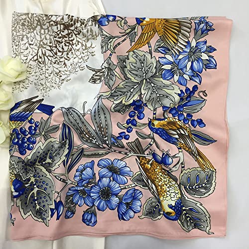 Julunar Silk Like Head Scarf for Women - Satin Large Hair Scarves - 35" Square Silk Hair Wrap for Sleeping with Gift Packed - color: B007-3 Flower Pink