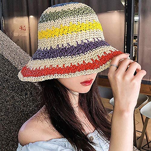 Women Straw Sun Hat Floral Woven Crochet Bucket Hat Y2k Aesthetic Accessories Beach Hat Hand Woven Boho Foldable Cap - color: Striped C