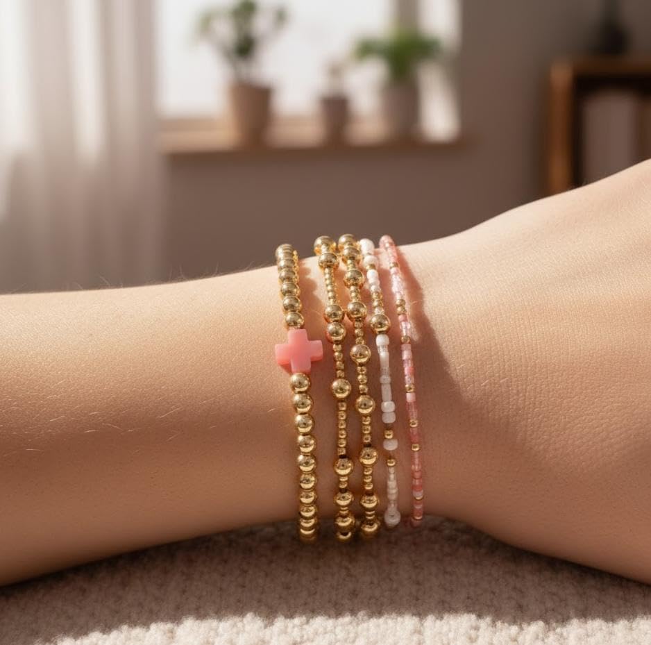 14K Gold Plated Beaded Bracelets Stack Set for Women,Stretch Boho Colorful Beads Ball Jewelry Friendship Summer Trendy - color: Pink cross