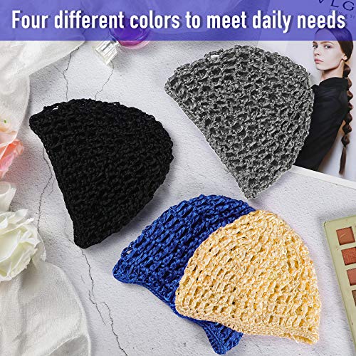 4 Pieces Mesh Crochet Hair Net Rayon Knit Snood Hat Thick Short Women Hairnet Snoods Cover Ornament for Sleeping (Black, Blue, Gray, Khaki) - color: Black, Blue, Gray, Khaki