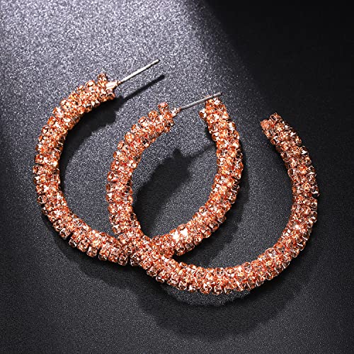 Rhinestone Hoop Earring for Women Sparkly Crystal Wrapped Hoop Dangle Earrings Statement Boho Gold Black Plated CZ Hoop Earring - color: D: pink crystal